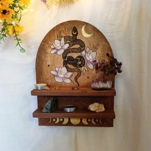 Wooden Snake Crystal Display Shelf - Gothic Decor Shelf For Rocks, Essential Oils, Witchy Room Decor, 12x11.2"