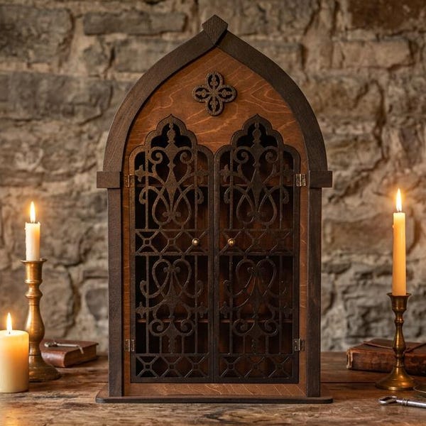 Gothic Apothecary Shelf , Oak and Black Vintage Storage Display , Crystal Shelf