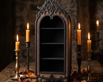 Estantería gótica de curiosidades, boticario vintage negro, vitrina gótica de cristal, altar gótico