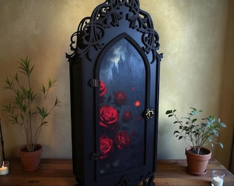 Estante de boticario de madera de 58 cm con rosas, expositor vintage negro, estante de cristal gótico, altar gótico