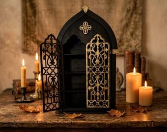 Gothic Apothecary Shelf , Black and Gold Vintage Storage Display , Crystal Shelf