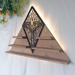Luna Moth crystal shelf featuring a stunning golden moth perched on top, perfect for showcasing your crystals or small decorative objects. Ideal for use as an altar or a crystal display.