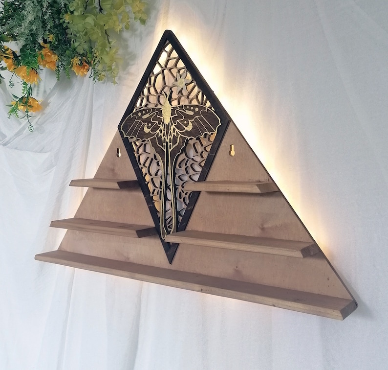 Luna Moth crystal shelf featuring a stunning golden moth perched on top, perfect for showcasing your crystals or small decorative objects. Ideal for use as an altar or a crystal display.