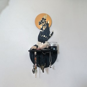 Estante de cristal, estante de la luna, decoración espiritual, estante geométrico hecho a mano, estante de brujas, altar de cristal.