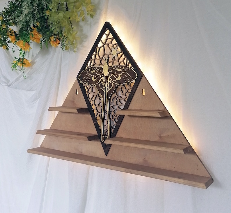 Luna Moth crystal shelf featuring a stunning golden moth perched on top, perfect for showcasing your crystals or small decorative objects. Ideal for use as an altar or a crystal display.