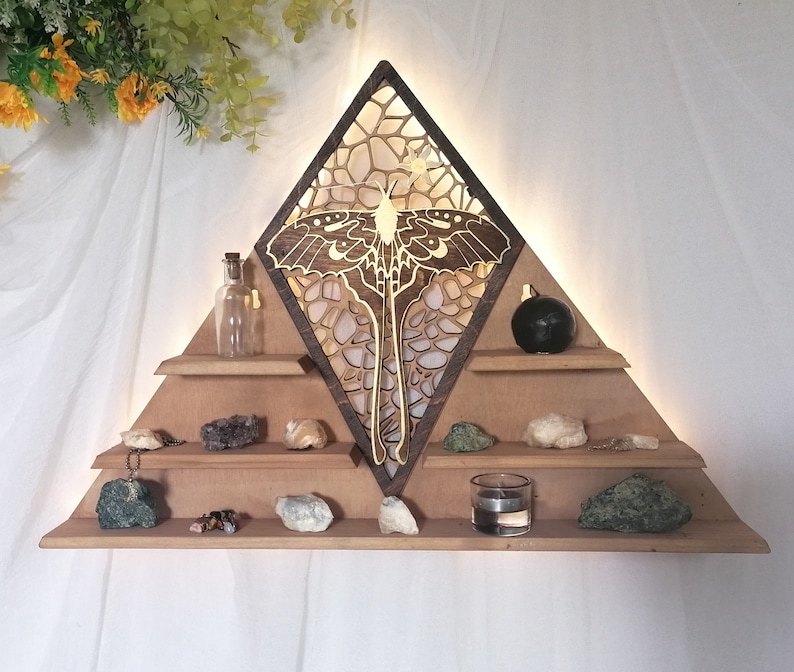 Luna Moth crystal shelf featuring a stunning golden moth perched on top, perfect for showcasing your crystals or small decorative objects. Ideal for use as an altar or a crystal display.
