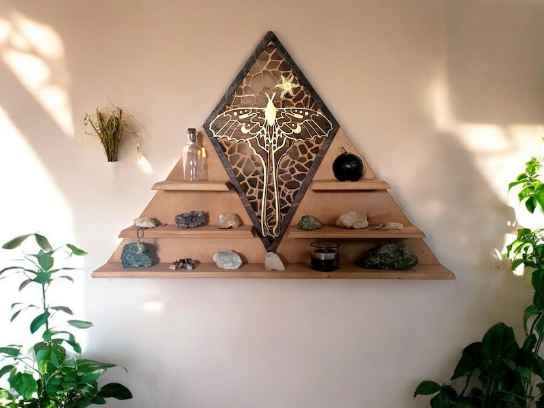 Luna Moth crystal shelf featuring a stunning golden moth perched on top, perfect for showcasing your crystals or small decorative objects. Ideal for use as an altar or a crystal display.