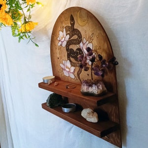 Wooden Snake Crystal Display Shelf - Gothic Decor Shelf For Rocks, Essential Oils, Witchy Room Decor, 12x11.2"