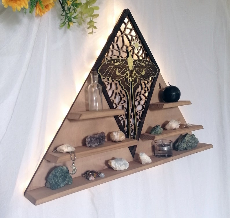 Luna Moth crystal shelf featuring a stunning golden moth perched on top, perfect for showcasing your crystals or small decorative objects. Ideal for use as an altar or a crystal display.