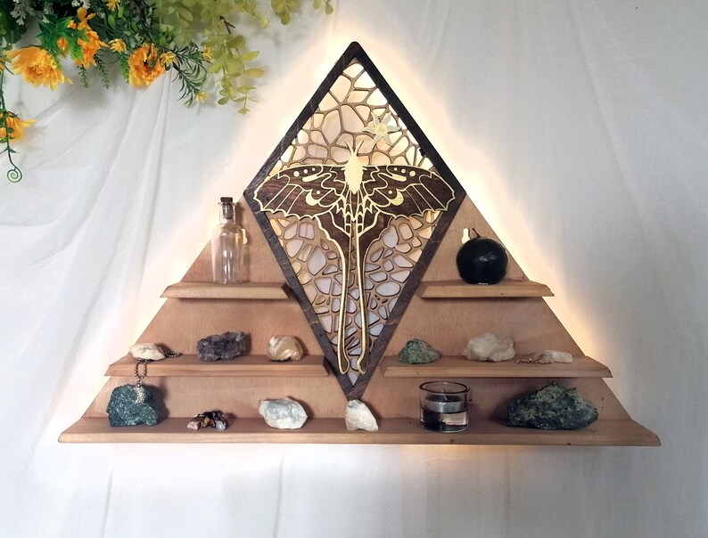 Luna Moth crystal shelf featuring a stunning golden moth perched on top, perfect for showcasing your crystals or small decorative objects. Ideal for use as an altar or a crystal display.