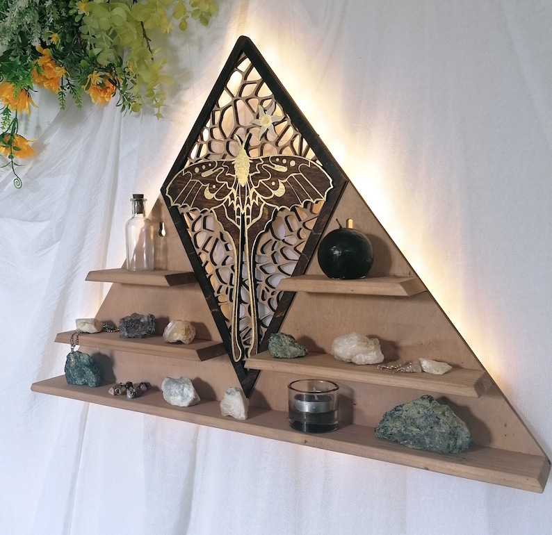 Luna Moth crystal shelf featuring a stunning golden moth perched on top, perfect for showcasing your crystals or small decorative objects. Ideal for use as an altar or a crystal display.