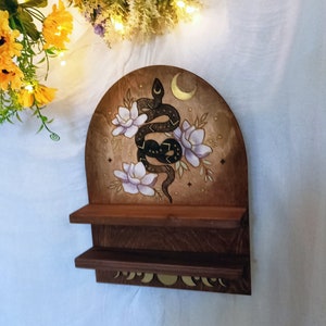Wooden Snake Crystal Display Shelf - Gothic Decor Shelf For Rocks, Essential Oils, Witchy Room Decor, 12x11.2"