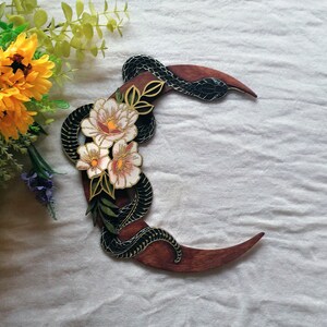 Black snake and moon decor.Wall hanging decoration with flowers.Witch decor.