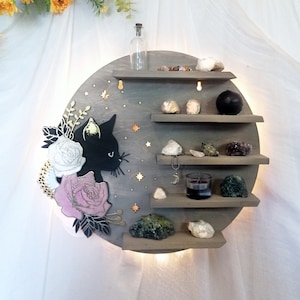 Estantería para gatos, estantería para gatos y flores, estantería de cristal, estantería geométrica hecha a mano, estantería de luna, estantería de brujas, altar de cristal
