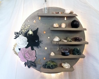 Cat shelf, cat and flowers shelf, crystal shelf, handmade geometric shelf, moon shelf, witch shelf, crystal altar