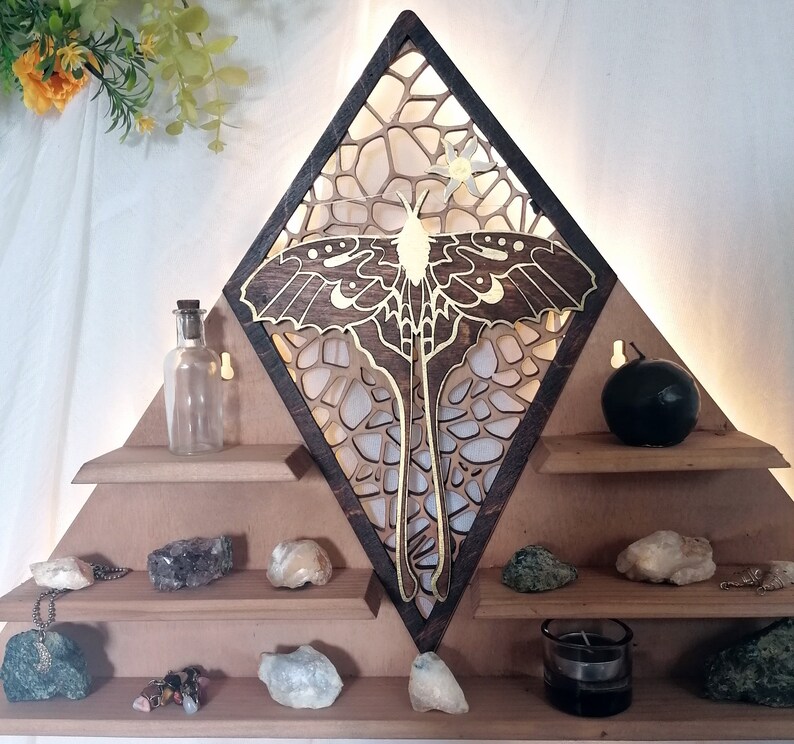 Luna Moth crystal shelf featuring a stunning golden moth perched on top, perfect for showcasing your crystals or small decorative objects. Ideal for use as an altar or a crystal display.