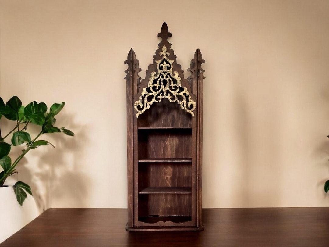 Gothic Crystal Shelf , Oak and Gold Vintage Storage Display , Crystal Shelf