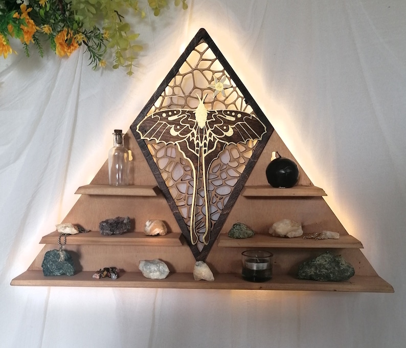 Luna Moth crystal shelf featuring a stunning golden moth perched on top, perfect for showcasing your crystals or small decorative objects. Ideal for use as an altar or a crystal display.