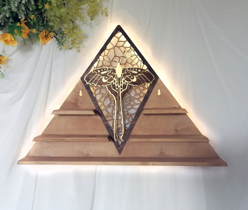 Luna Moth crystal shelf featuring a stunning golden moth perched on top, perfect for showcasing your crystals or small decorative objects. Ideal for use as an altar or a crystal display.