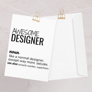 Geweldige designerwenskaart, grappige designerkaart, nieuwe gepromoveerde ontwerper bedankt afstuderen verlaat promotie gefeliciteerd kaart