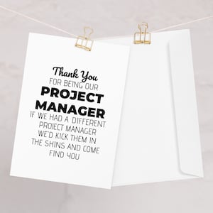 Grappige projectmanager wenskaart, grappige projectmanager dank u nieuwe baan kwalificatie promotie verjaardagskaart, kaart voor projectmanager