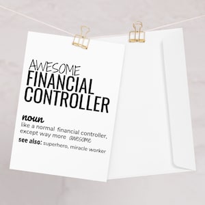 Cartão de felicitações incrível de definição de controlador financeiro, controlador financeiro obrigado nova promoção de emprego deixando o cartão de aniversário de aposentadoria