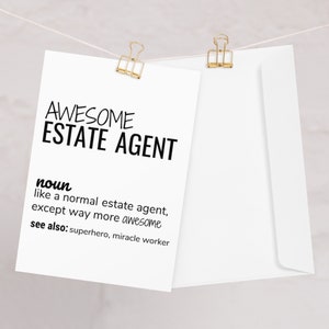 Cartão de felicitações incrível com definição de agente imobiliário, agente imobiliário, obrigado, promoção de novo emprego, parabéns, cartão de aniversário, cartão engraçado de agente imobiliário