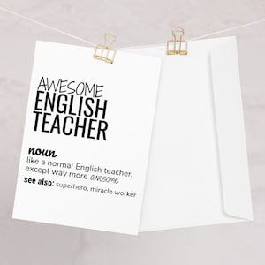 Cartão de professor de inglês, incrível cartão de felicitações de definição de professor de inglês, professor de inglês, obrigado, novo trabalho, promoção, cartão de aniversário