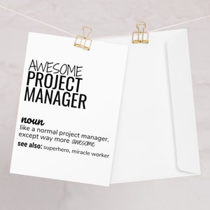 Cartão de felicitações de definição de gerente de projeto incrível, gerente de projeto engraçado obrigado nova promoção de qualificação de trabalho deixando cartão de aniversário
