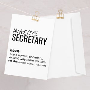 Geweldige wenskaart definitie secretaresse, grappige secretaresse bedankt waardering gefeliciteerd nieuwe baan promotiekaart voor mannen vrouwen