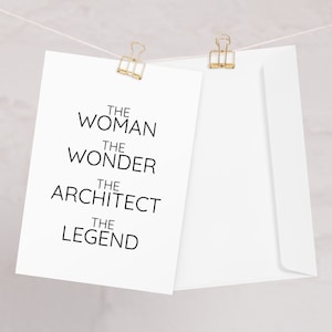 Architect wenskaart voor vrouwen, architect dank u nieuwe baan afstuderen promotie verjaardagskaart, architect kaart, de vrouw het wonder