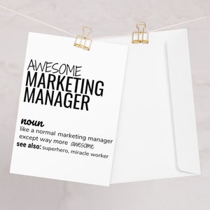 Geweldige Marketing Manager definitie wenskaart, Marketing Manager Bedankt nieuwe baan promotie verjaardagskaart, Marketing Manager kaart