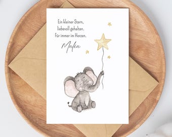 Sternenkind Trauerkarte mit Namen | Beileidskarte Baby Verlust | Aquarell Elefant Stern | Karte Fehlgeburt | Personalisiert