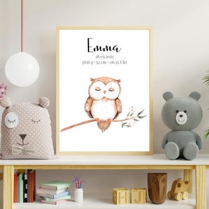 Immagine nascita gufo, poster personalizzato con nome e date, regalo perfetto per nascita o battesimo, dipinto a mano