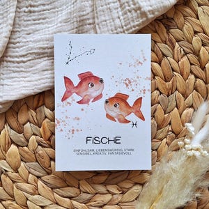Postkarte "Sternzeichen Fische", perfektes Geschenk zur Geburt oder Taufe, handgemalt