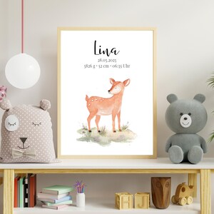 Foto de nacimiento de ciervo, póster personalizado con nombre y fechas, regalo perfecto para nacimiento o bautizo, pintado a mano, carta natal