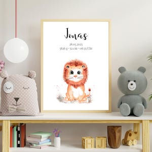 Foto de nacimiento de león, póster personalizado con nombre y fechas, regalo perfecto para nacimiento o bautizo, pintado a mano, carta natal