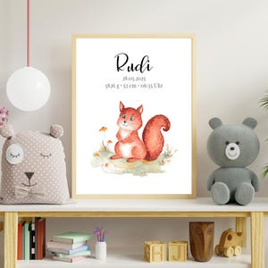 Foto de nacimiento de ardilla, póster personalizado con nombre y fechas, regalo perfecto para nacimiento o bautizo, pintado a mano, carta natal