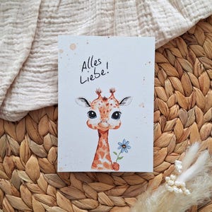 Postkarte "Alles Liebe!", Giraffe mit Blume, Süße Grußkarte für jeden Anlass