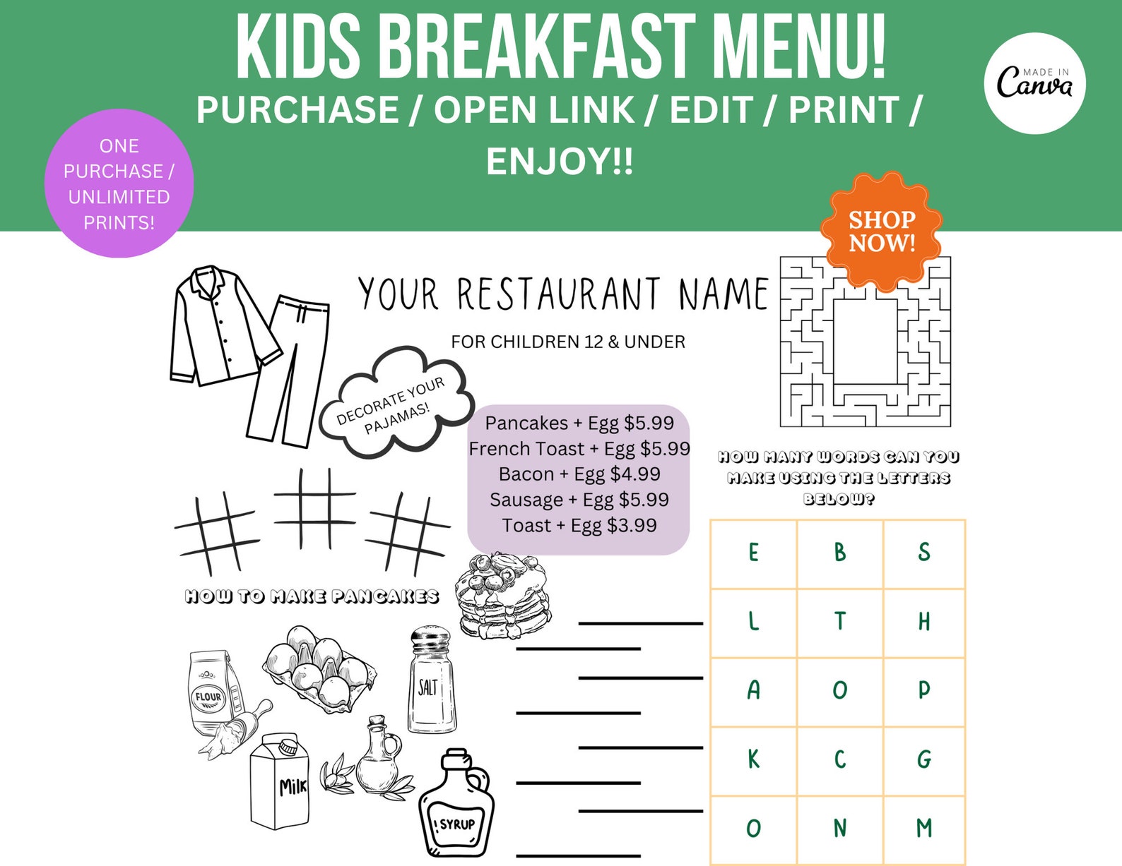 Kids Breakfast Menu, Kids Restaurant Activity Menu, Kids Learning Menu