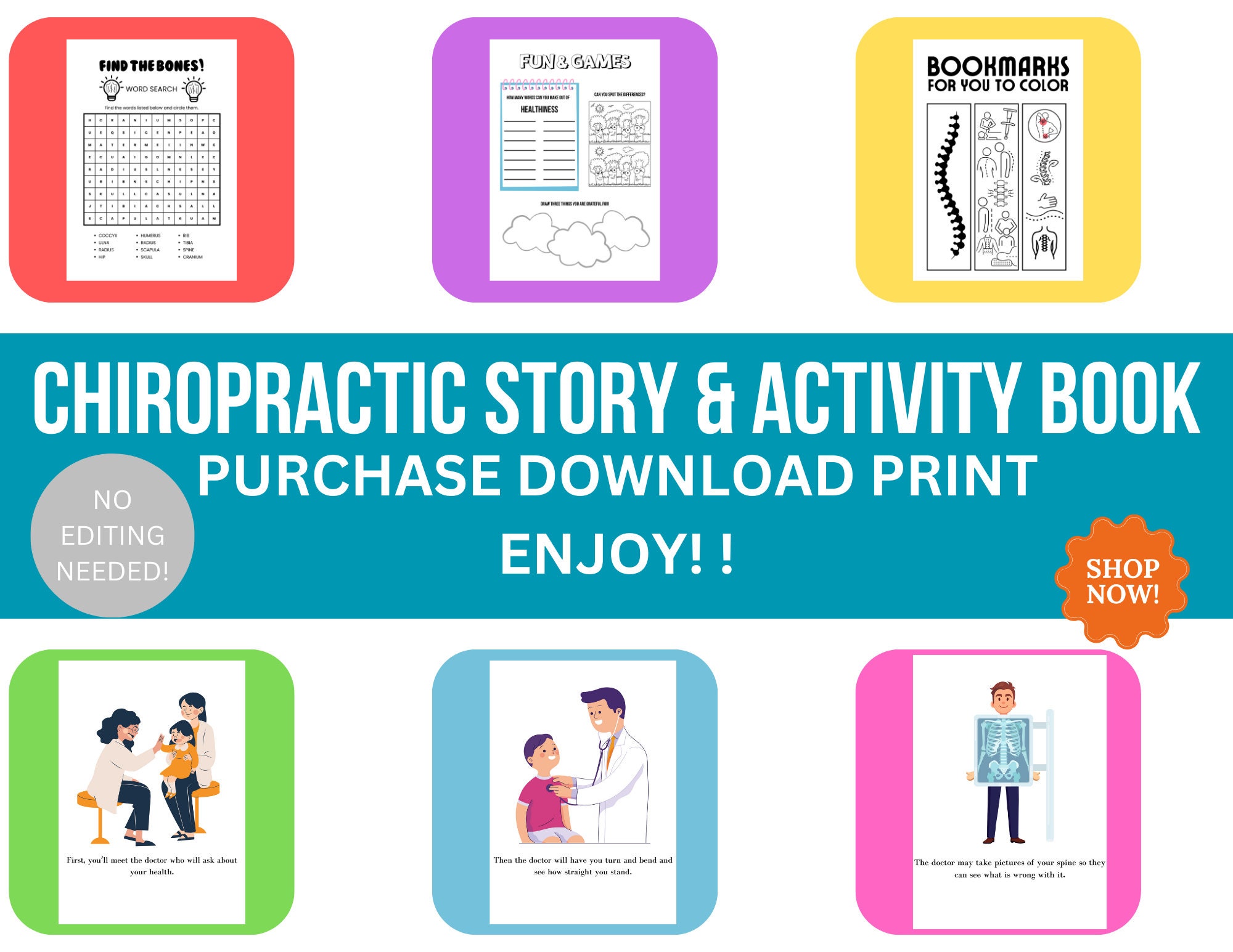 Chiropractic Coloring Sheets for Kids, Chiropractic Activity Sheets for