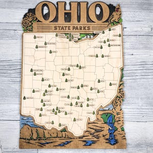 Carte des parcs d'État de l'Ohio | En bois, Rustique, Unique, Fait main, Décoration d'intérieur, Art mural, Suspension murale, En bois, Découpé au laser