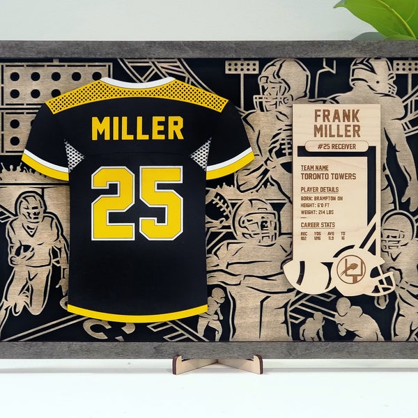 Football Jersey Plaque: A Unique Grad or Senior Night Gift - Personalize with Player Name and Stats, Team Name, Number and Colors!