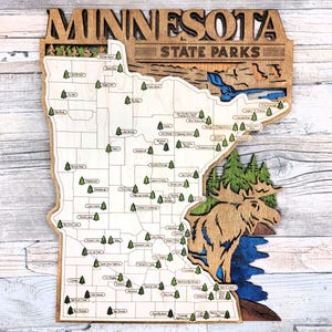 Carte des parcs d'État du Minnesota | En bois, rustique, unique, fait main, décoration d'intérieur, art mural, suspension murale, en bois, découpé au laser, pays des 10 000 lacs