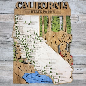 Carte des parcs d'État de Californie | En bois, Rustique, Unique, Fait main, Décoration d'intérieur, Art mural, Suspension murale, En bois, Découpé au laser