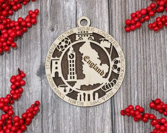 England Travel Ornament • Wooden England Map Christmas Ornament • Laser Cut London Souvenir • Personalized England Gift
