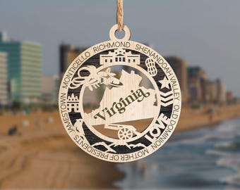Virginia Travel Ornament • Wooden Virginia State Holiday Ornament • Laser Cut Virginia Souvenir • Personalized Virginia Gift