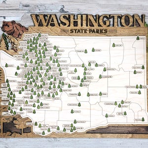 Carte des parcs de l'État de Washington | En bois, Rustique, Unique, Fait main, Décoration d'intérieur, Art mural, Suspension murale, En bois, Découpé au laser