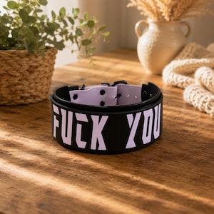 Op de afbeelding: Een zwarte halsband met de tekst FUCK YOU in grote witte letters. De halsband heeft een lichtpaarse voering, zwarte metalen hardware en een reeks verstelgaatjes die zijn vastgezet met zwarte klinknagels, wat zorgt voor een opvallend accessoire.