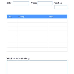 May include: A white Substitute Teacher Plan document with blue headers. It features fields for Date, Class, and Teacher, a table with columns for Time, Activity, and Notes, and a section for Important Notes for Today. Hawkins Crafting Co. is at the bottom.